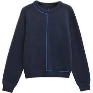 NWT Zara Navy Crew Neck Sweater with Contrast Blue Piping. Size Large